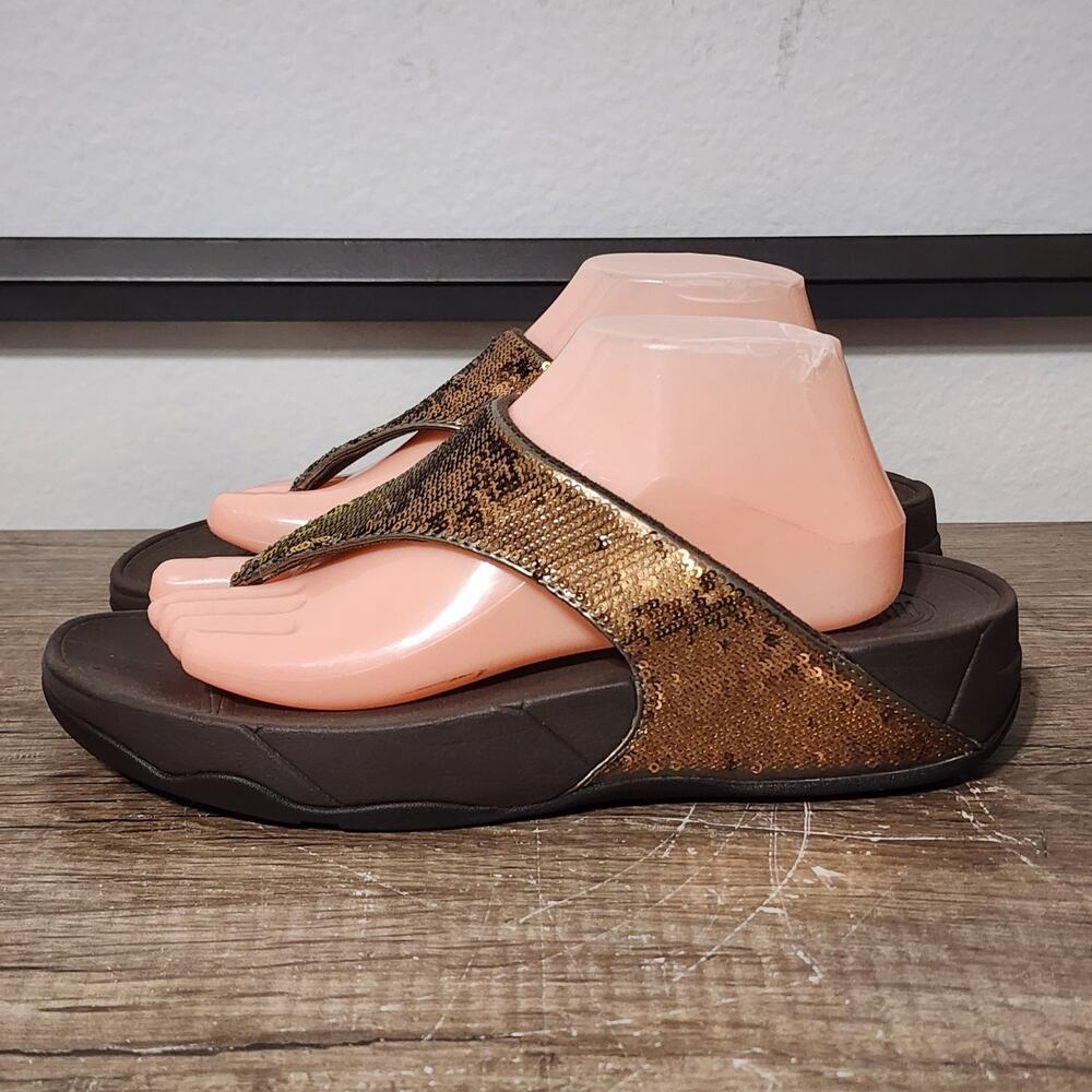 Fitflop Electra Classic Bronze Sequins Flip Flops Sandals Shoes Size 10 Brown